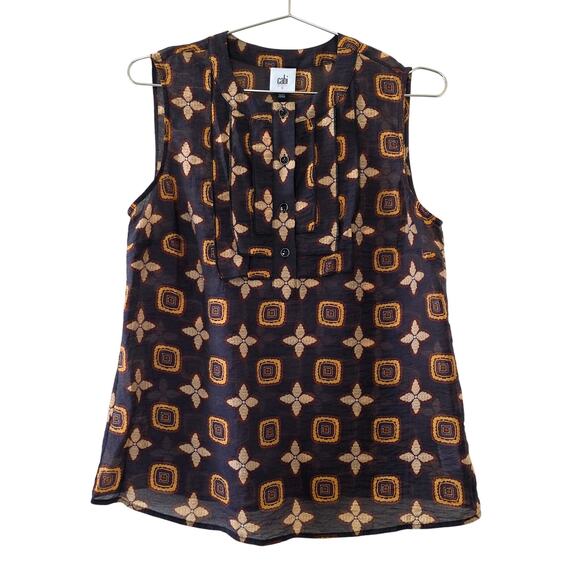 CAbi Tops - Cabi Sleeveless Geometric Blouse Womens S Lyocell Blend Brown Orange Yellow Boho